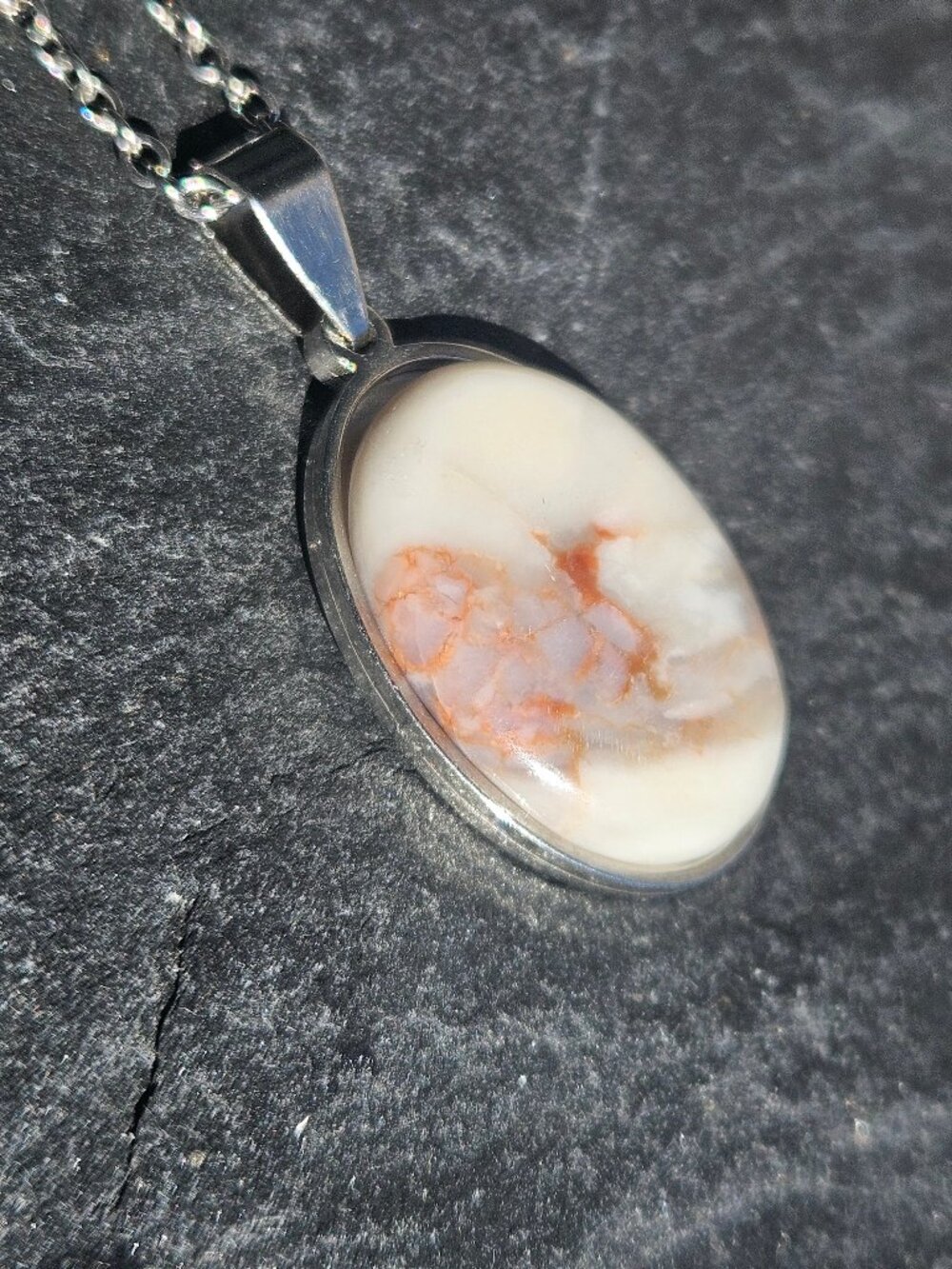 Montana Agate Style Oval Pendant Necklace 18" Silver Chain Stainless Steel